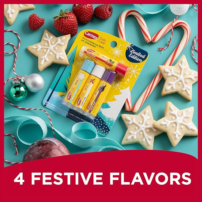 Carmex Daily Care Moisturizing Lip Balm Limited Edition Holiday Stick Pack in Sugar Plum, Candy Cane, Sugar Cookie and Merry Berry - 0.15 OZ each, 4 count (Pack of 2)-Velvo Beauty