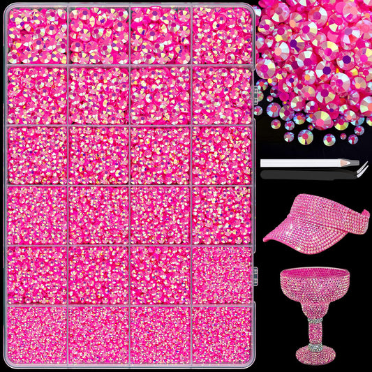 25000Pcs Resin Jelly Rhinestones with Tweezers for Crafting, 2-6mm Mixed Sizes (Hot Pink AB) Non Hotfix Flatback Gems, Bedazzling Crystal for DIY Crafts Clothing Tumblers Mugs Shoes Decor Nail Art-Velvo Beauty