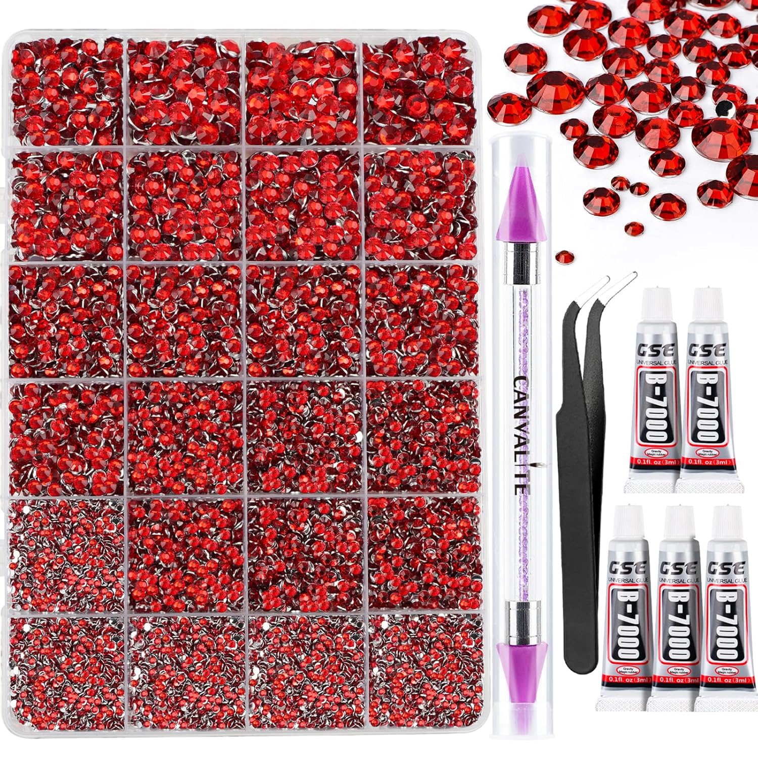 Canvalite 25000PCS Resin Jelly Rhinestones for Crafting,Red Flatback Gems, Bedazzling Crystal with 5Pcs 2.5g B7000 Jewelry Glue and Tweezers and Dotting Pen for DIY Crafts Clothing Shoes Nail Art-Velvo Beauty
