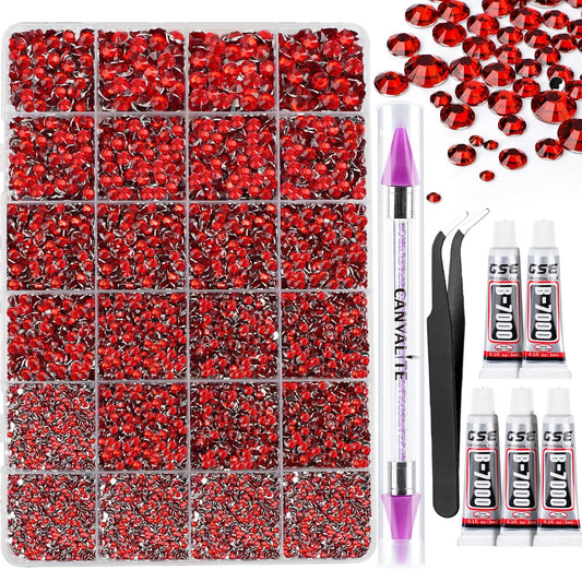 Canvalite 25000PCS Resin Jelly Rhinestones for Crafting,Red Flatback Gems, Bedazzling Crystal with 5Pcs 2.5g B7000 Jewelry Glue and Tweezers and Dotting Pen for DIY Crafts Clothing Shoes Nail Art-Velvo Beauty