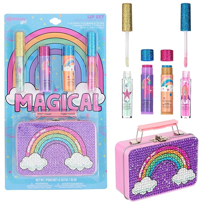 Expressions 5pc Rainbow Rhinestones Cosmetics Lip Kit For Kids w/Lip Glosses, Lip Balms & Tin Box Storage Case Magical Lip Set,Washable + Non Toxic-Velvo Beauty