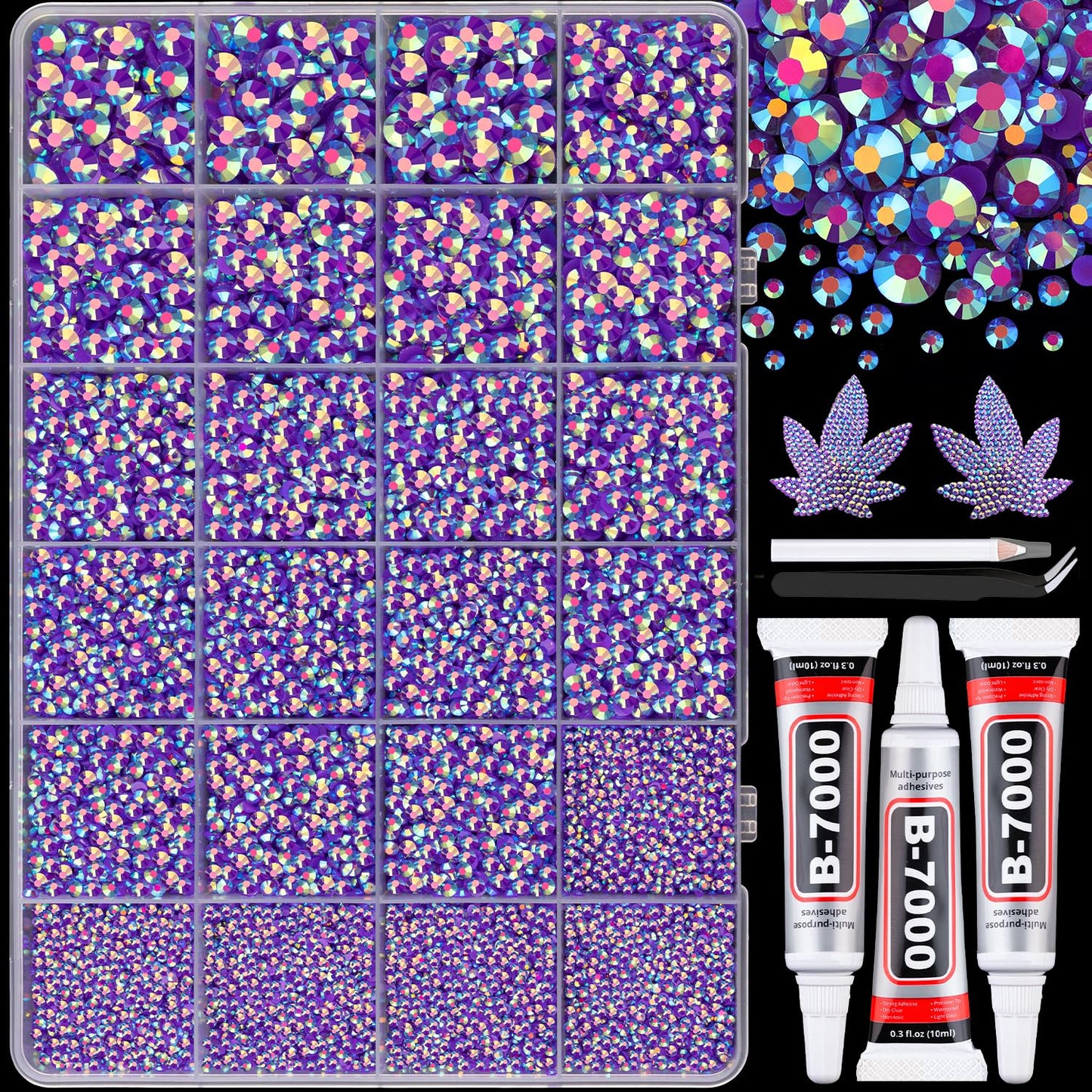 25000Pcs Resin Rhinestones with B7000 Jewelry Glue for Crafting, Dark Purple AB 2-6mm Non Hotfix Flatback Gems, Bedazzling Crystal for DIY Crafts Clothing Tumblers Mugs Shoes Fabric Decor Nail Art-Velvo Beauty
