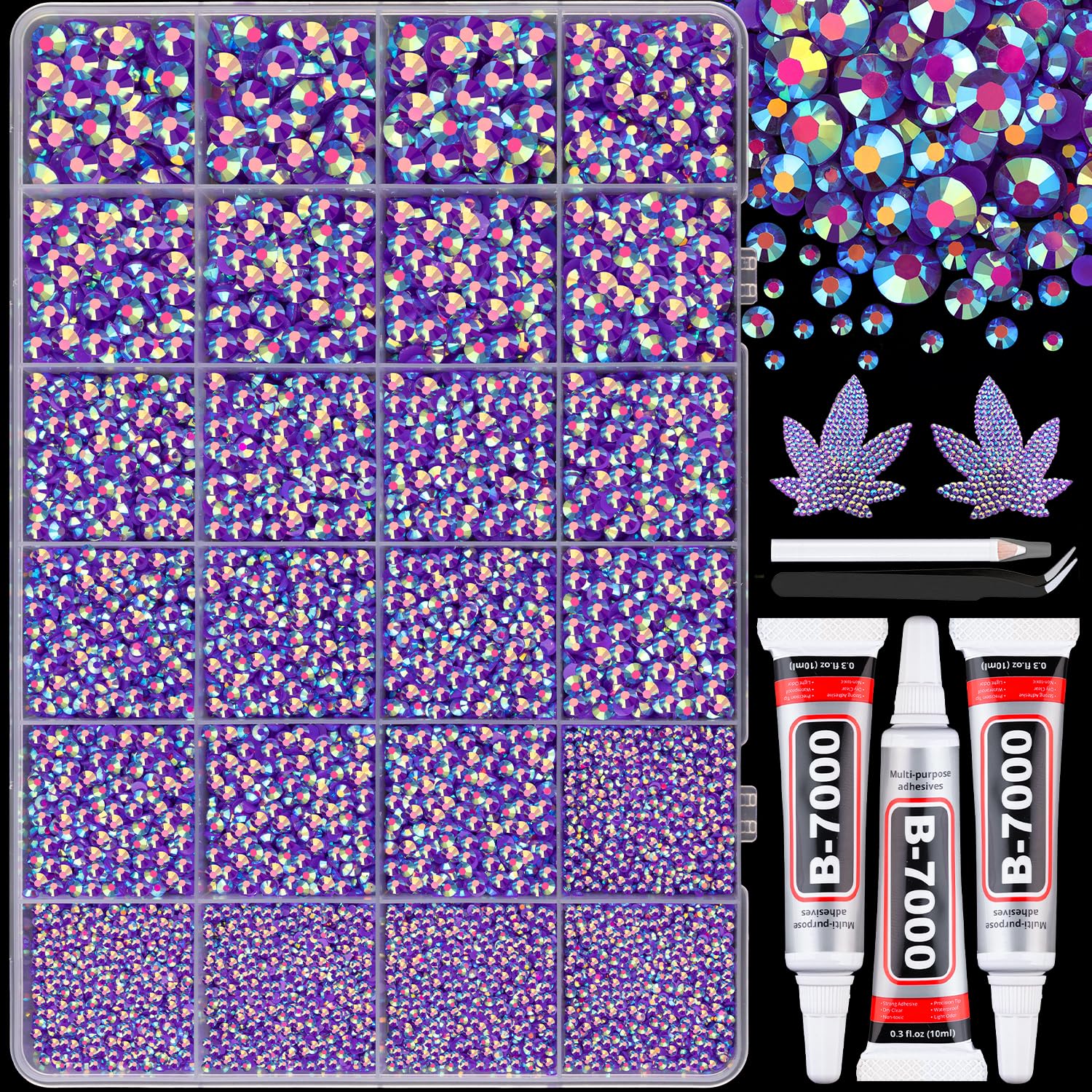 25000Pcs Resin Rhinestones with B7000 Jewelry Glue for Crafting, Dark Purple AB 2-6mm Non Hotfix Flatback Gems, Bedazzling Crystal for DIY Crafts Clothing Tumblers Mugs Shoes Fabric Decor Nail Art-Velvo Beauty