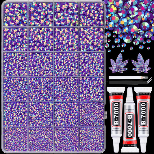 25000Pcs Resin Rhinestones with B7000 Jewelry Glue for Crafting, Dark Purple AB 2-6mm Non Hotfix Flatback Gems, Bedazzling Crystal for DIY Crafts Clothing Tumblers Mugs Shoes Fabric Decor Nail Art-Velvo Beauty