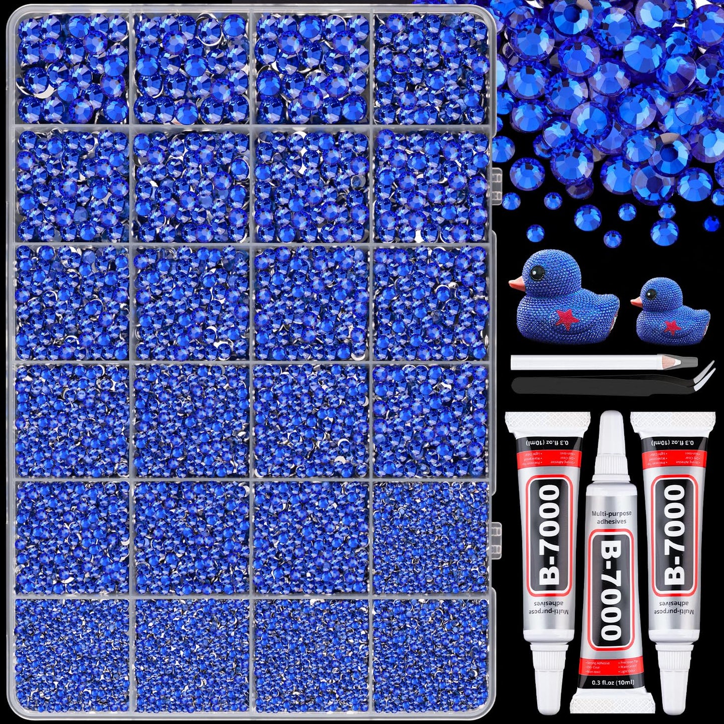 25000Pcs Resin Rhinestones with B7000 Jewelry Glue for Crafting, Royal Blue 2-6mm Non Hotfix Flatback Gems, Bedazzling Crystal for DIY Crafts Clothing Tumblers Mugs Shoes Fabric Decor Nail Art-Velvo Beauty