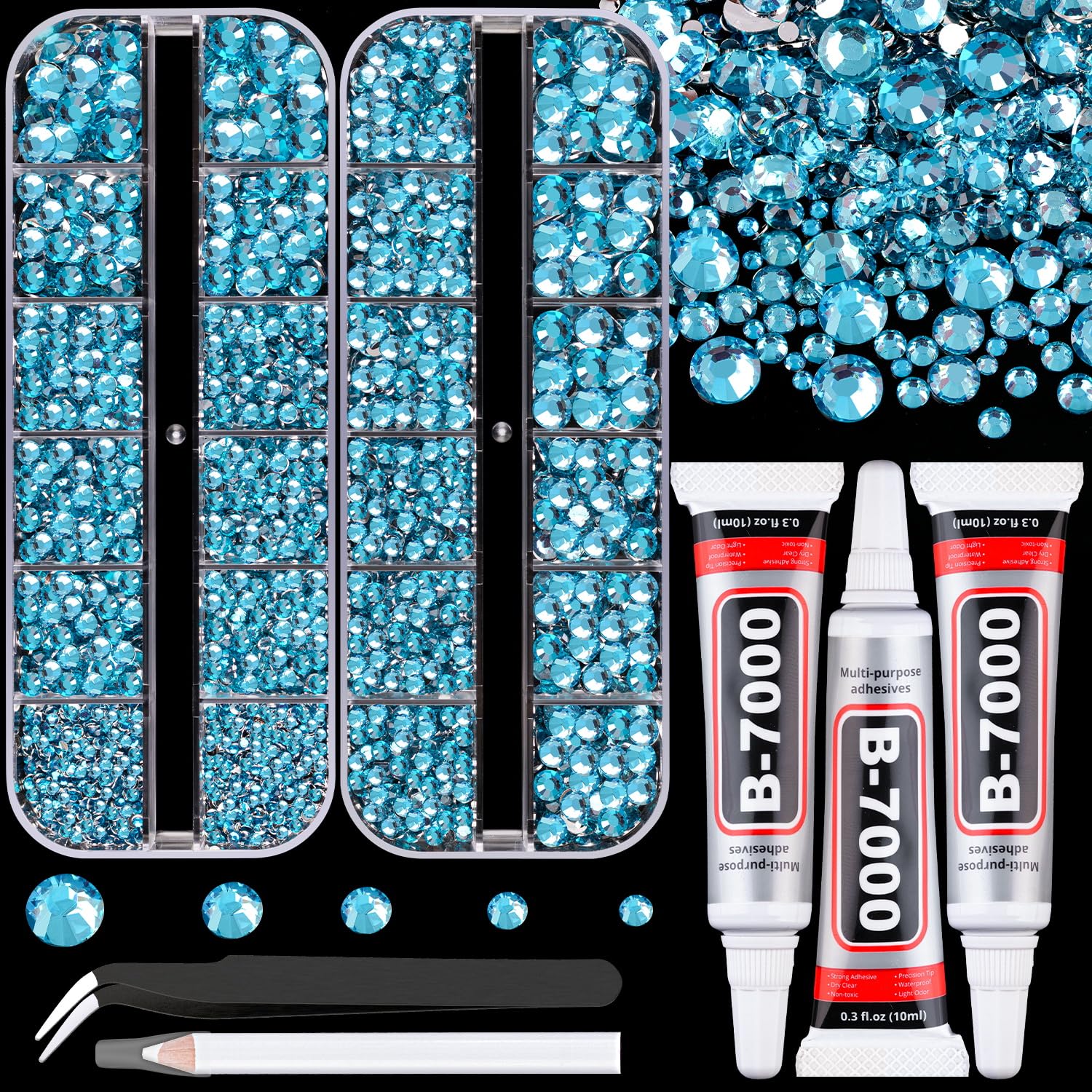 Resin Rhinestones for Crafting with B7000 Jewelry Glue, 2 Boxes Indicolite Flatback Crystals with 3Pcs 10ml Glue for Bedazzling Crafts DIY Nail Art Makeup，Non Hotfix Gems for Clothing Shoes-Velvo Beauty