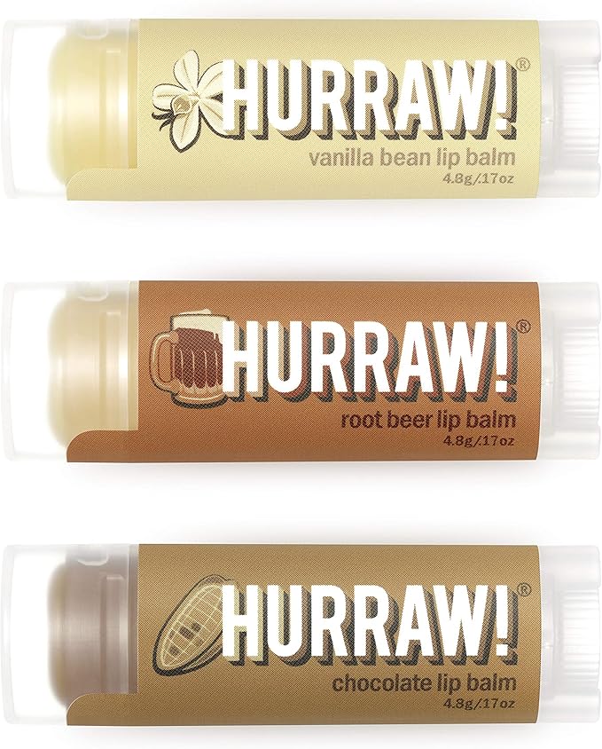 Hurraw! Vanilla Bean, Root Beer, Chocolate Lip Balms, 3 Pack Bundle: Organic, Certified Vegan, Cruelty and Gluten Free. Non-GMO, 100% Natural Ingredients. Bee, Shea, Soy and Palm Free. Made in USA-Velvo Beauty