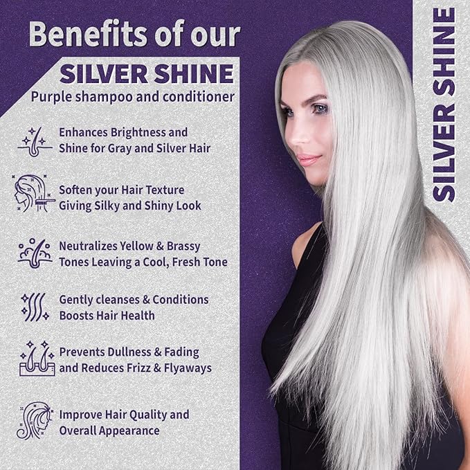 Natural Riches Radiant Silver Shine Purple Shampoo and Conditioner Set for Gray Hair - Paraben-Free and Color Safe – With Silk Proteins, Tones Dull Hair, Softens & Adds Shine - 16 fl oz-Velvo Beauty