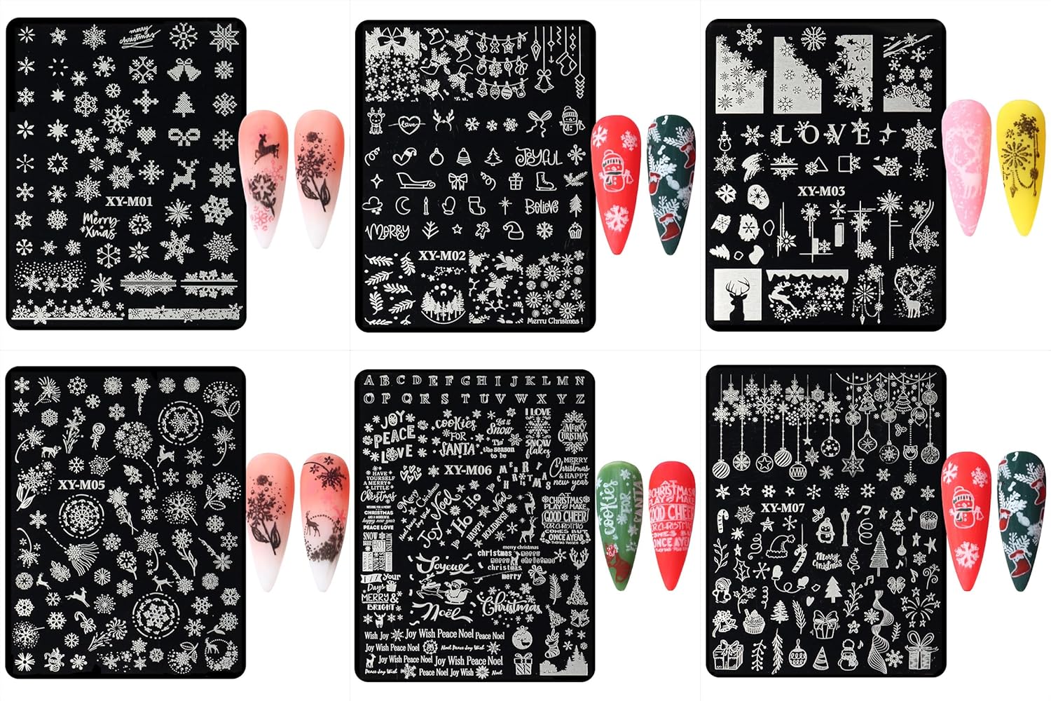 6Pcs Christmas Stamping Plates Set Winter Nail Stamp Kit Xmas Art Image Plates With Snowflakes Tree Bell Snowman Elk Designs DIY Stainless Steel Polish Template-Velvo Beauty