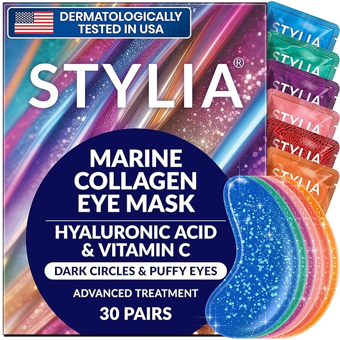 Stylia Under Eye Patches for Puffy Eyes and Dark Circles (30 Pairs) - Marine Collagen Under Eye Mask with Vitamin C, Hyaluronic Acid, Pearl Extract - Eye Masks for Dark Circles and Puffiness-Velvo Beauty
