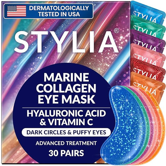 Stylia Under Eye Patches for Puffy Eyes and Dark Circles (30 Pairs) - Marine Collagen Under Eye Mask with Vitamin C, Hyaluronic Acid, Pearl Extract - Eye Masks for Dark Circles and Puffiness-Velvo Beauty