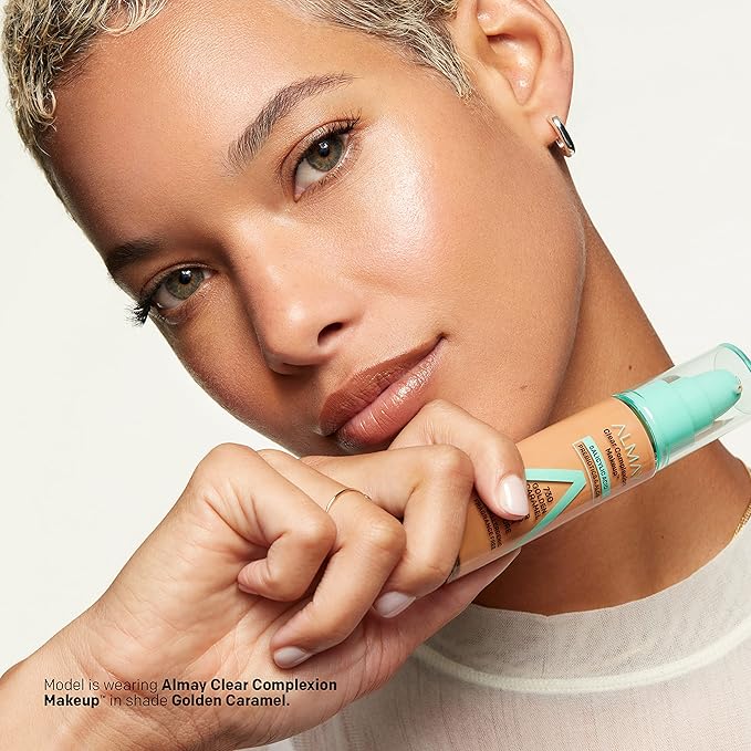 Almay Clear Complexion Acne Foundation Makeup with Salicylic Acid - Lightweight, Medium Coverage, Hypoallergenic, Fragrance-Free, for Sensitive Skin, 800 Caramel, 1 fl oz.-Velvo Beauty