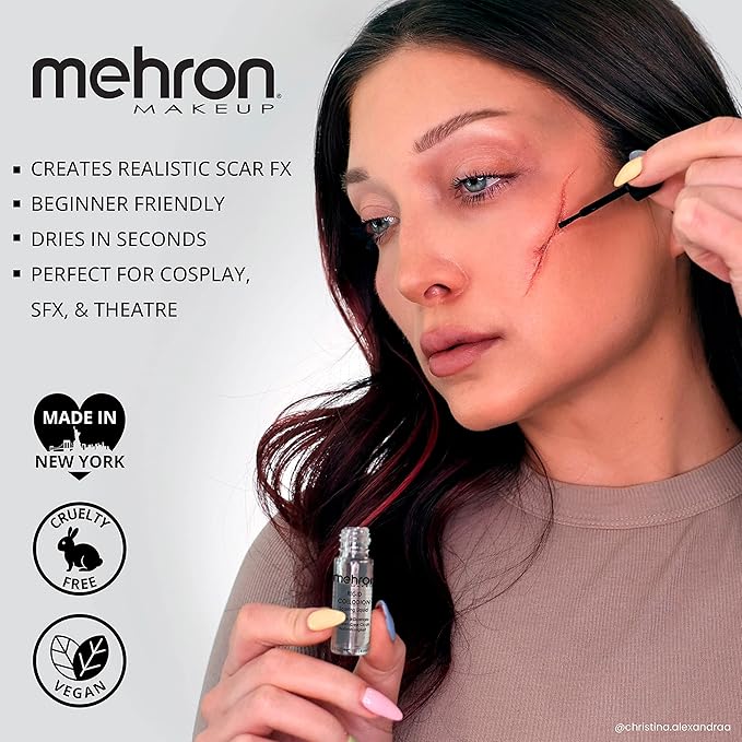 Mehron Makeup Rigid Collodion with Brush | Scarring Liquid | Liquid Scar Makeup | SFX Scar for Film .125 oz (4ml)-Velvo Beauty