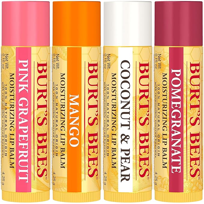 Burt's Bees Lip Balm - Pink Grapefruit, Mango, Coconut & Pear, and Pomegranate Pack, Lip Moisturizer With Beeswax, Tint-Free, Natural Origin Conditioning Lip Treatment, 4 Tubes, 0.15 oz.-Velvo Beauty