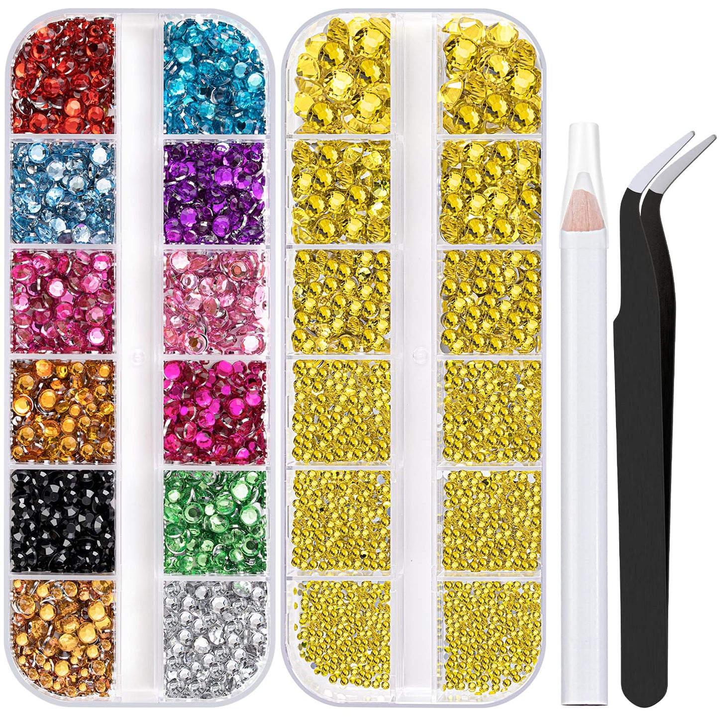 Two Packs of Flatback Rhinestones 4520 Pcs Colorful Nail Art Rhinestones Flatback Crystal Colorful+Lemon Yellow Rhinestone with Picker Pencil and Tweezer for Nail Art and Decoration-Velvo Beauty