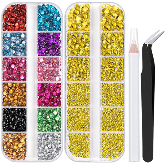 Two Packs of Flatback Rhinestones 4520 Pcs Colorful Nail Art Rhinestones Flatback Crystal Colorful+Lemon Yellow Rhinestone with Picker Pencil and Tweezer for Nail Art and Decoration-Velvo Beauty