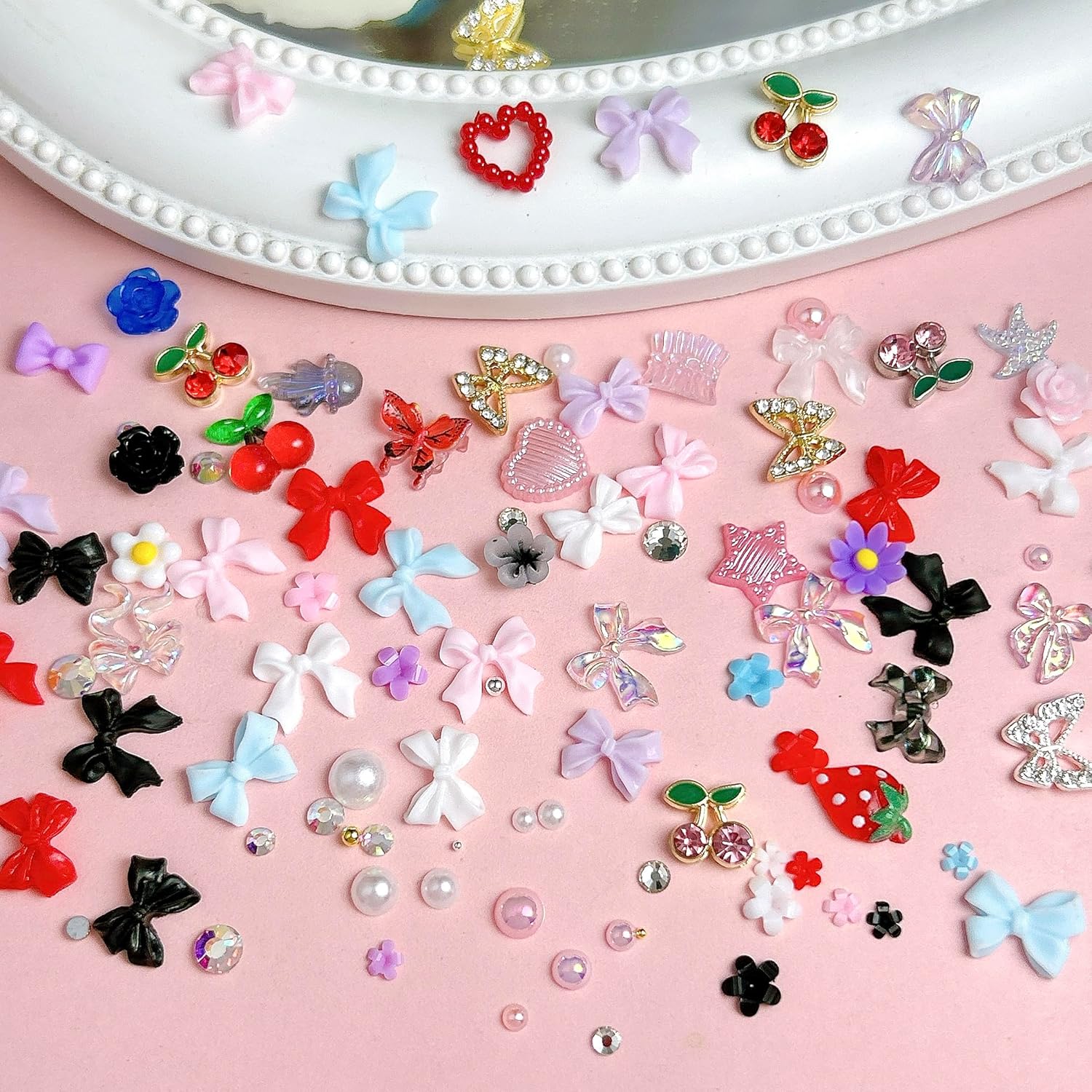 3D Flowers Nail Charms Y2K Kit, Metal Butterfly Cherry Colorful Bow Charms for Nails Art Gems, White and Pink Bows Pearls Charms for Nail Manicure DIY Crafts Jewelry Accessories-Velvo Beauty
