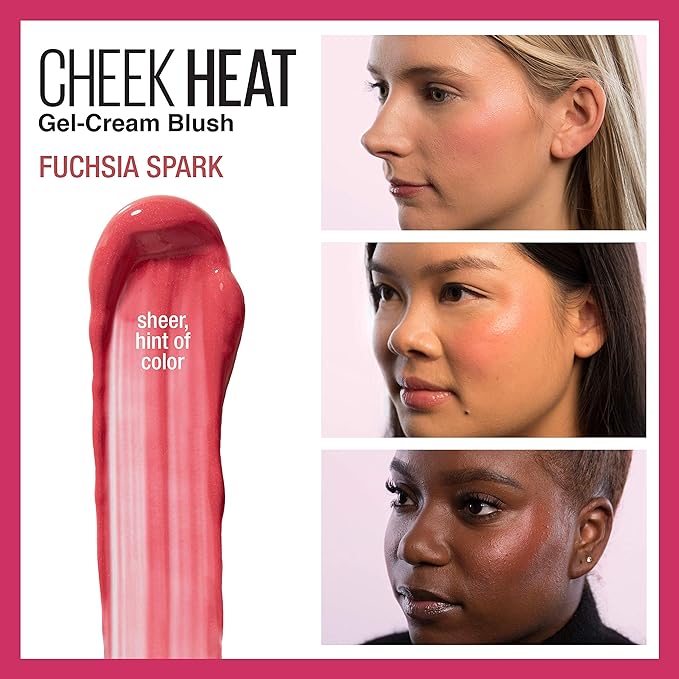 Maybelline Cheek Heat Gel-Cream Blush Makeup, Lightweight, Breathable Feel, Sheer Flush Of Color, Natural-Looking, Dewy Finish, Oil-Free, Fuchsia Spark, 1 Count-Velvo Beauty