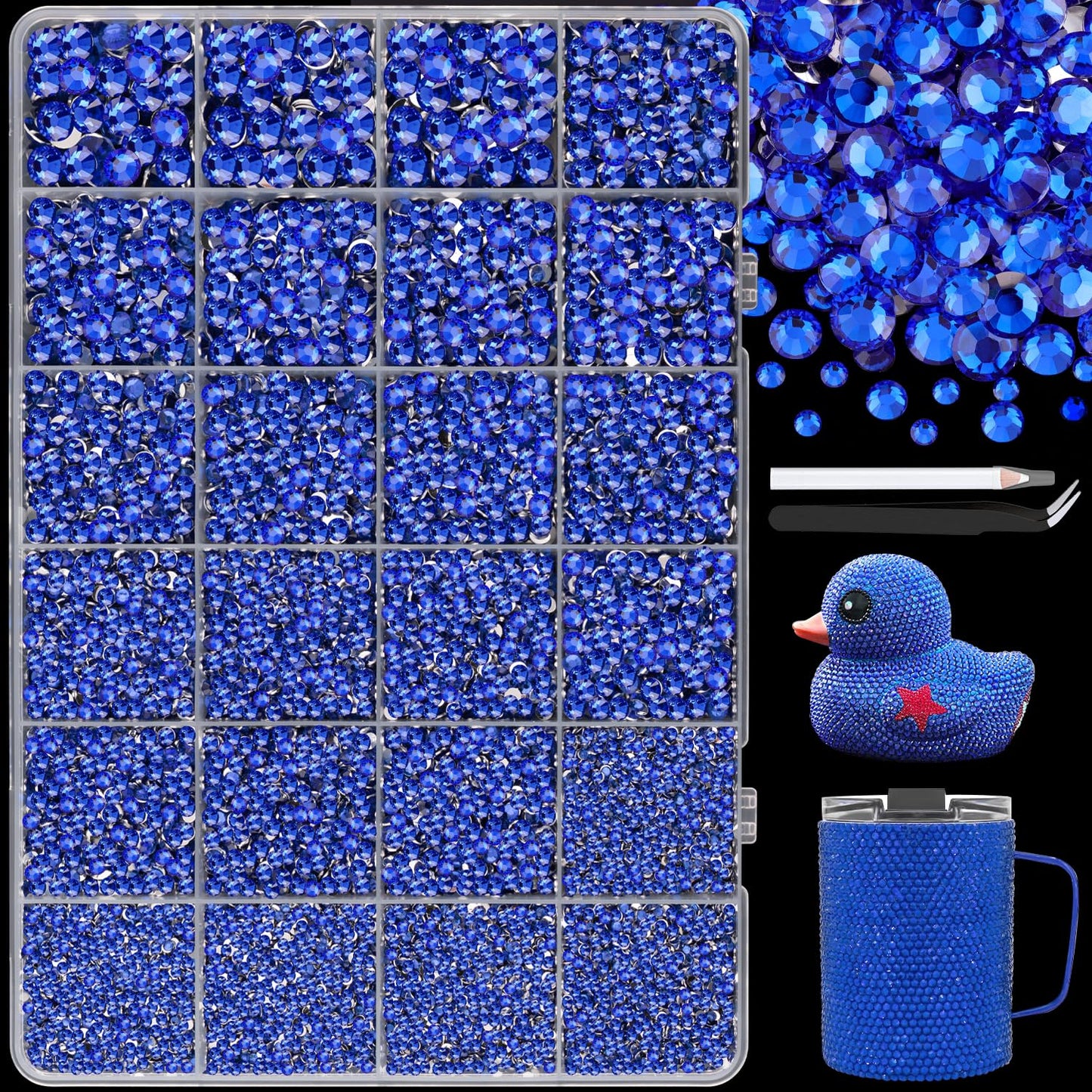 25000Pcs Resin Rhinestones with Tweezers for Crafting, 2-6mm Mixed Sizes (Royal Blue) Non Hotfix Flatback Gems, Bedazzling Crystal for DIY Crafts Clothing Tumblers Mugs Shoes Decor Nail Art-Velvo Beauty