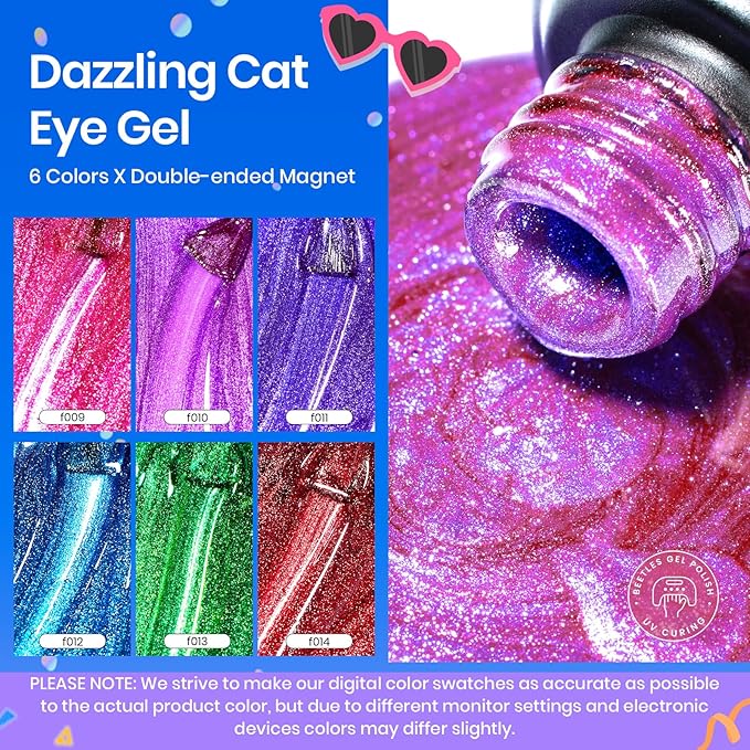 Beetles Cat Eye Gel Nail Polish, 6 Colors Summer Cat Eye Glitter Gel Polish Set Neon Red Pink Purple Blue Green with Magnet Velvet Gel Kit French Nail Art Manicure Gift for Women-Velvo Beauty