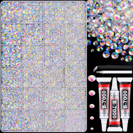 30000Pcs Resin Transparent AB Rhinestones for Bedazzling Crafting with b7000 Jewelry Glue, Bulk Flatback Gems Bedazzler Kit for Crafts Clothes Shoes Fabric Nail Diamond Art, Assorted Size 2/3/4/5/6mm-Velvo Beauty