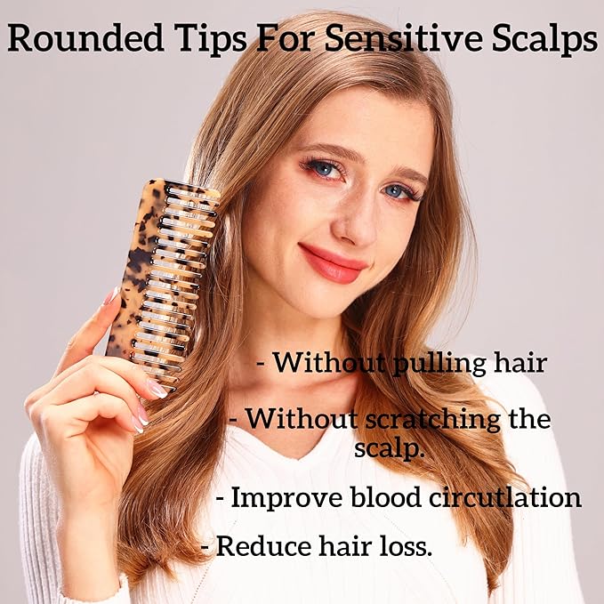 Fsmiling Wide Tooth Comb Large Detangling Comb Cellulose Detangler Comb for Women Thick Curly Wavy Wet Dry Hair 2 Pack,Tortoise shell-Velvo Beauty