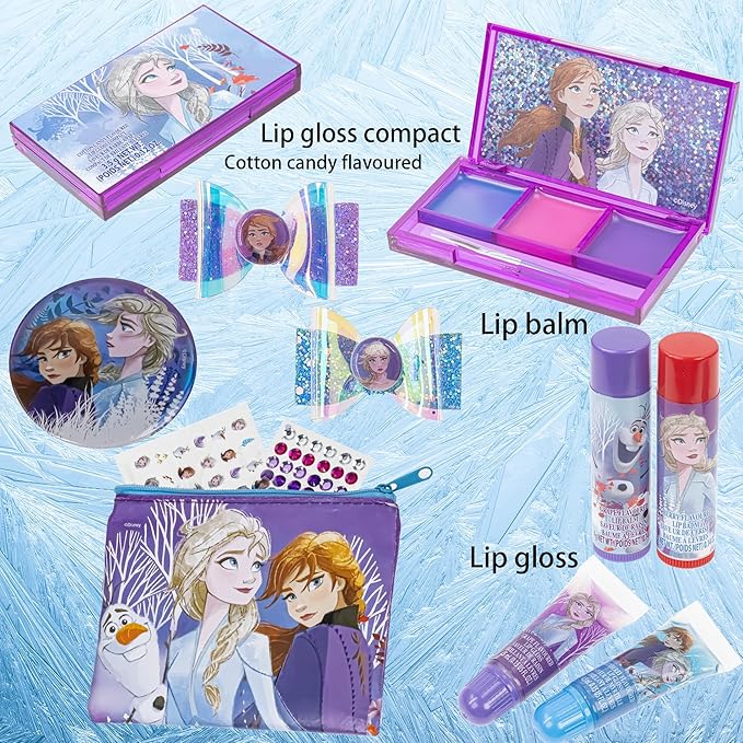 Disney Frozen - Townley Girl Super Sparkly Cosmetic Beauty Makeup Set For Girls with Clips, Lip Gloss, Nail Stickers, Lip Balm, Nail Gems and Mirror For Parties, Sleepovers & Makeovers-Velvo Beauty