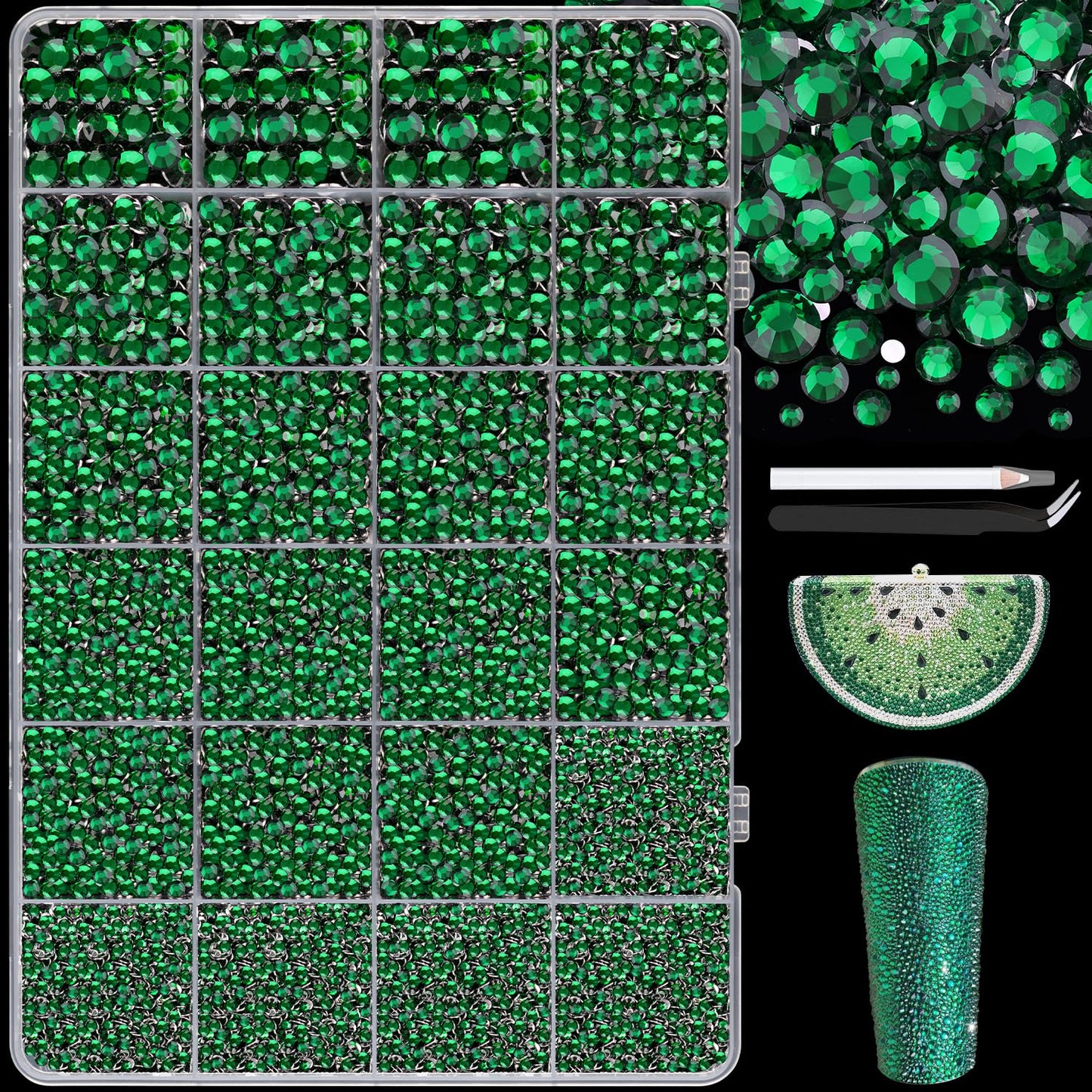 25000Pcs Resin Jelly Rhinestones with Tweezers for Crafting, 2-6mm Mixed Sizes (Dark Green) Non Hotfix Flatback Gems, Bedazzling Crystal for DIY Crafts Clothing Tumblers Mugs Shoes Decor Nail Art-Velvo Beauty
