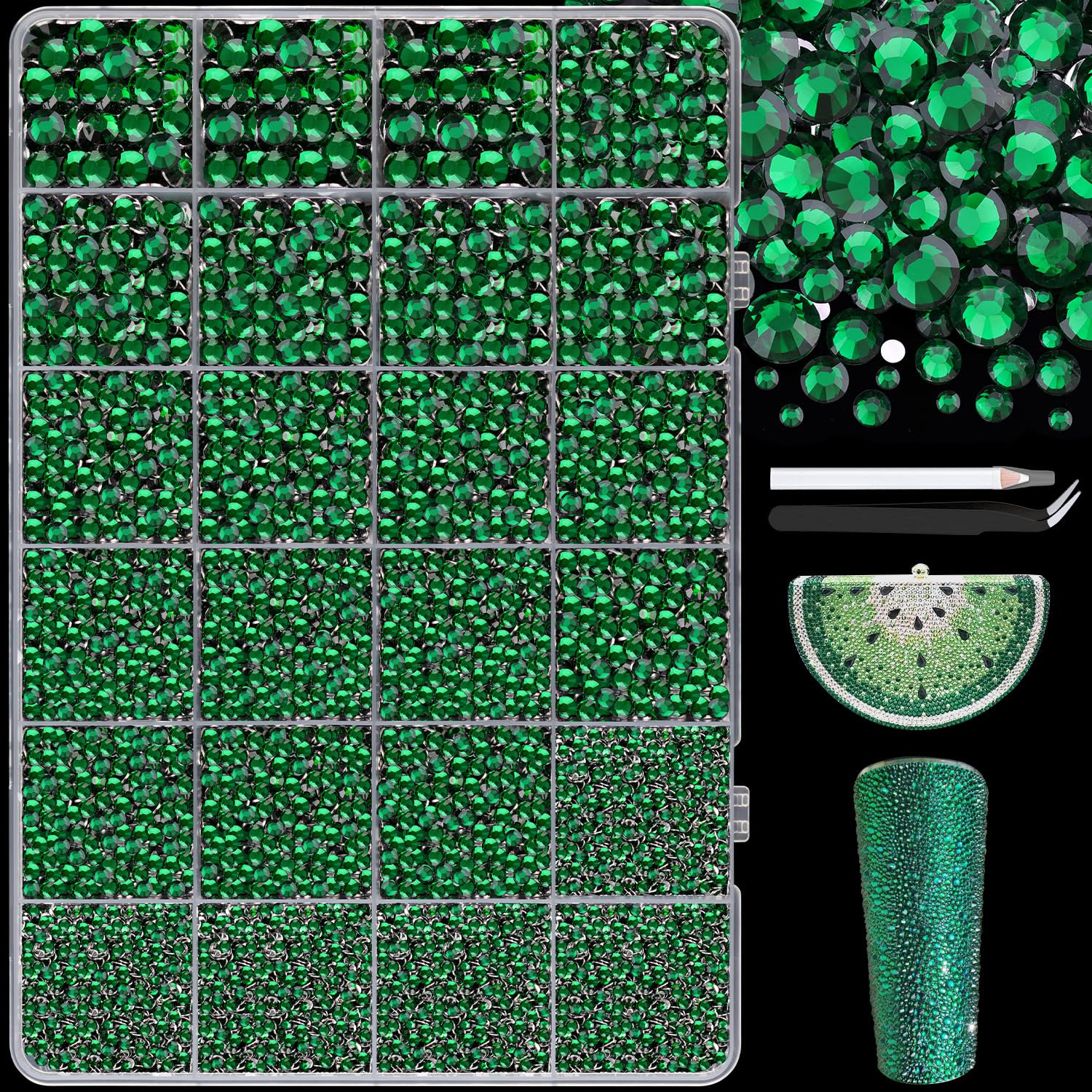 25000Pcs Resin Jelly Rhinestones with Tweezers for Crafting, 2-6mm Mixed Sizes (Dark Green) Non Hotfix Flatback Gems, Bedazzling Crystal for DIY Crafts Clothing Tumblers Mugs Shoes Decor Nail Art-Velvo Beauty