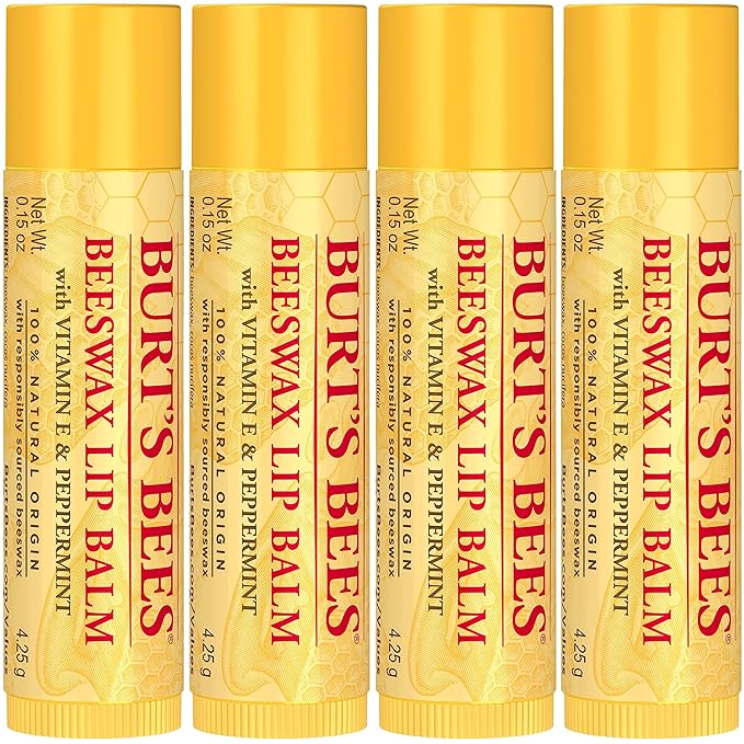 Burt's Bees Lip Balm - Original Beeswax, Lip Moisturizer With Responsibly Sourced Beeswax, Tint-Free, Natural Origin Conditioning Lip Treatment, 4 Tubes, 0.15 oz.-Velvo Beauty