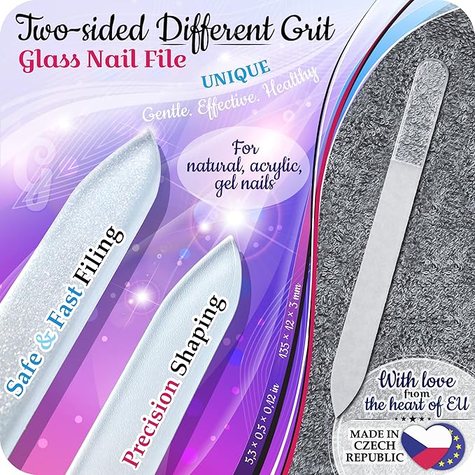 Genuine Czech Glass Nail File Set by GLADZY - Callus Remover Foot Rasp, Cuticle Pusher Manicure Stick, Double Sided Etched Different Grit Surface, Professional Nail Care Tool Kit, Made in EU-Velvo Beauty