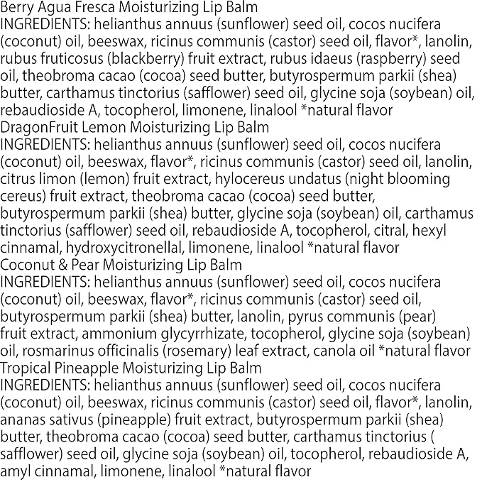 Burt's Bees Lip Balm - Berry Agua Fresca, Dragonfruit Lemon, Coconut & Pear, Tropical Pineapple Pack, With Beeswax, Tint-Free, Natural Origin Lip Treatment, 4 Tubes, 0.15 oz.-Velvo Beauty