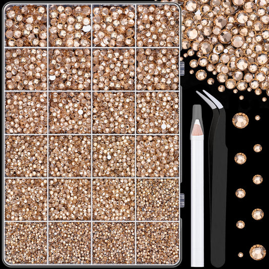 25000Pcs Resin Rhinestones with Tweezers for Crafting, Champagne 2-6mm Mixed Sizes Non Hotfix Flatback Gems, Bedazzling Crystal for DIY Craft Clothing Mugs Tumblers Shoes Fabric Decor Nail Art-Velvo Beauty