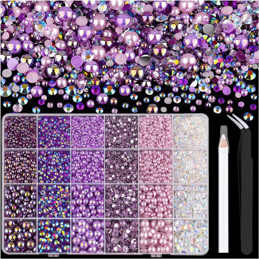 9000PCS Flatback Pearls and Rhinestones for Crafting, Purple Mixed Size 3-10mm Resin Rhinestones and Half Pearls for Bedazzling, Nail Art and Decoration with Tweezer and Pickup Pencil-Velvo Beauty