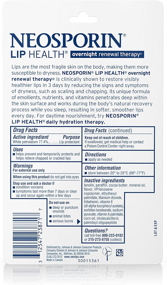 Neosporin Lip Health Overnight Healthy Lips Renewal Therapy Petrolatum Lip Protectant, 0.27oz. (Pack of 2)-Velvo Beauty