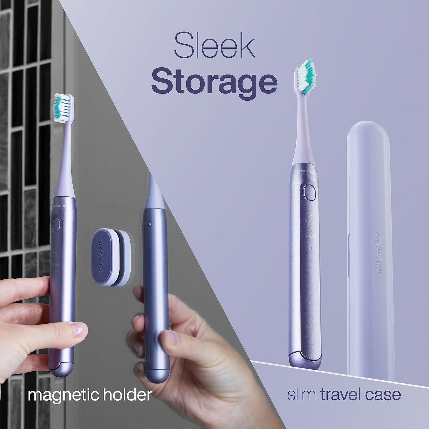 Aquasonic Icon ADA-Accepted Rechargeable Toothbrush | Magnetic Holder & Slim Travel Case | 2 Brushing Modes & Smart Timers | Gentle Micro-Vibrations (Lilac)-Velvo Beauty