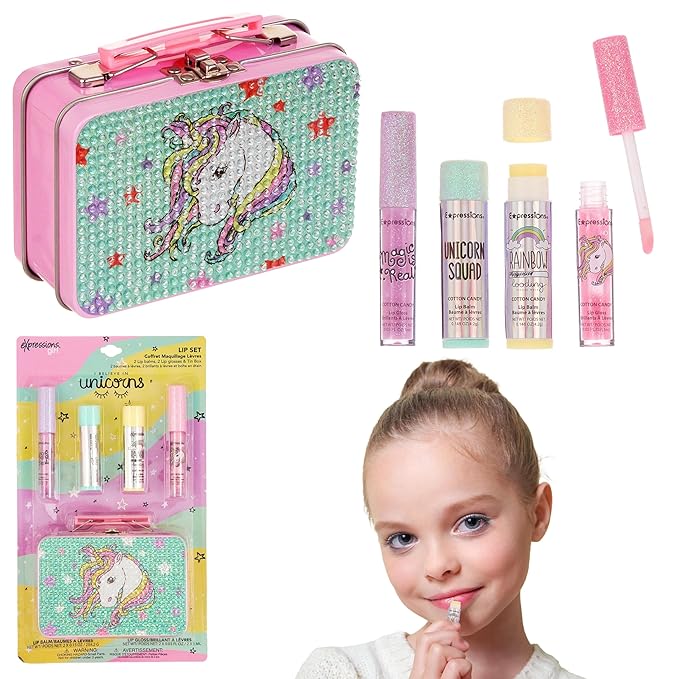 Expressions 5pc Cosmetics Lip Kit For Kids w/Lip Glosses, Lip Balms & Tin Box Storage Case I Believe in Unicorns Rhinestone,Washable + Non Toxic-Velvo Beauty