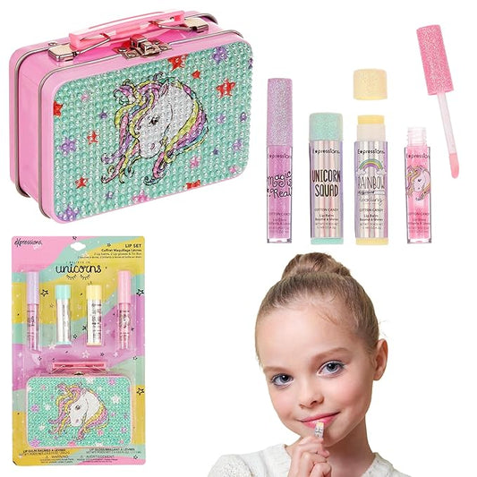 Expressions 5pc Cosmetics Lip Kit For Kids w/Lip Glosses, Lip Balms & Tin Box Storage Case I Believe in Unicorns Rhinestone,Washable + Non Toxic-Velvo Beauty