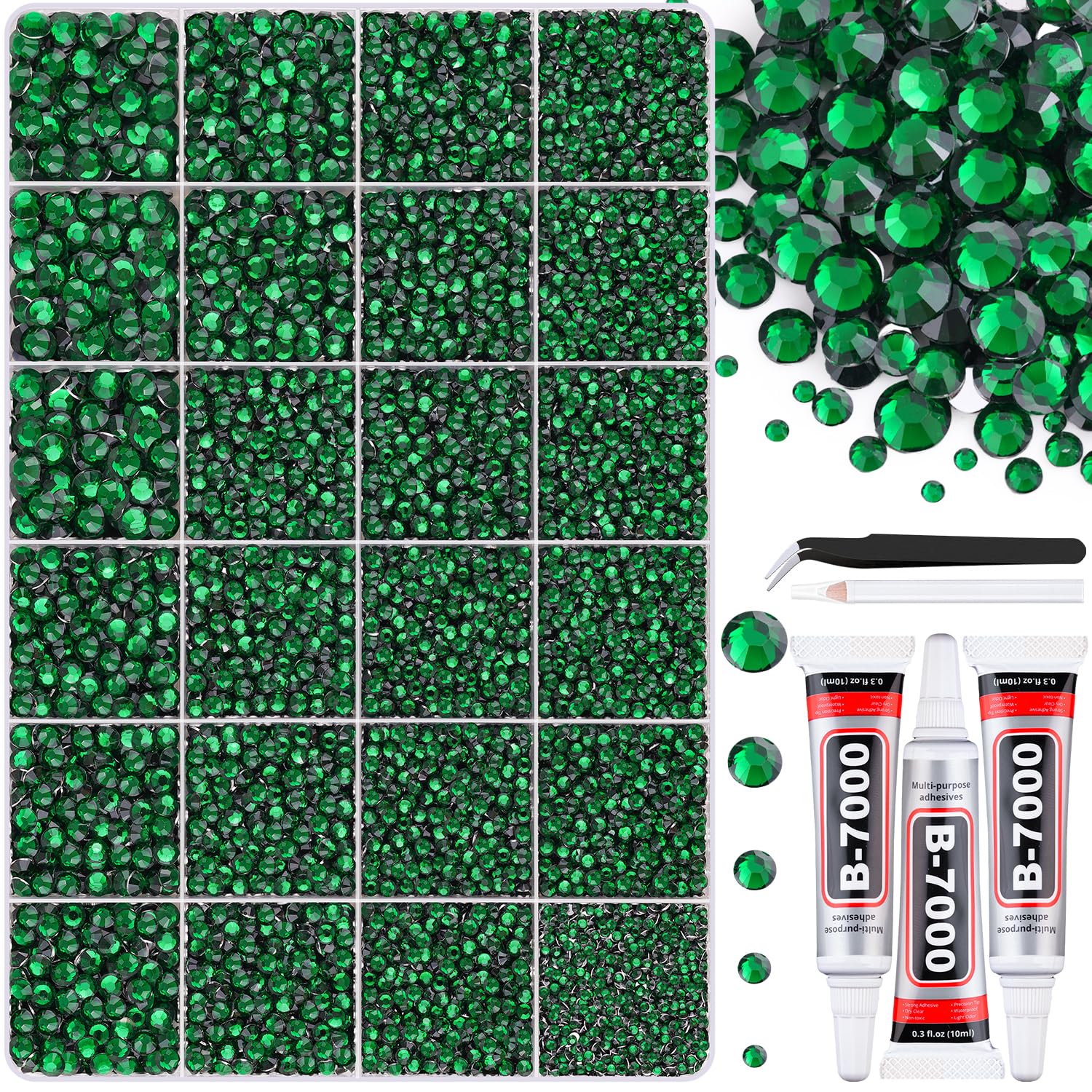30000Pcs Resin Emerald Green Rhinestones for Bedazzling Crafting with b7000 Jewelry Glue, Bulk Flatback Gems Bedazzler Kit for Crafts Clothes Shoes Fabric Nail Diamond Art, Assorted Size 2/3/4/5/6mm-Velvo Beauty