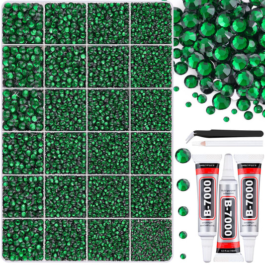 30000Pcs Resin Emerald Green Rhinestones for Bedazzling Crafting with b7000 Jewelry Glue, Bulk Flatback Gems Bedazzler Kit for Crafts Clothes Shoes Fabric Nail Diamond Art, Assorted Size 2/3/4/5/6mm-Velvo Beauty