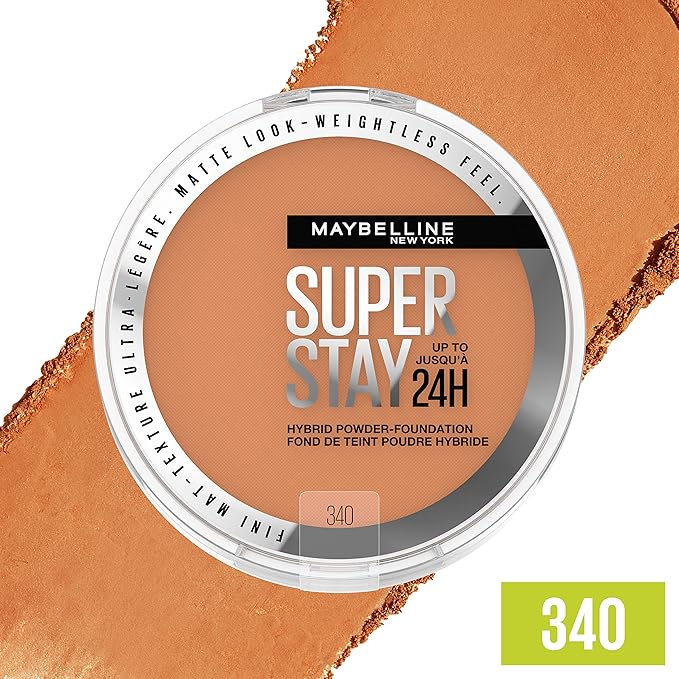Maybelline Super Stay Up to 24HR Hybrid Powder-Foundation, Medium-to-Full Coverage Makeup, Matte Finish, 340, 1 Count-Velvo Beauty