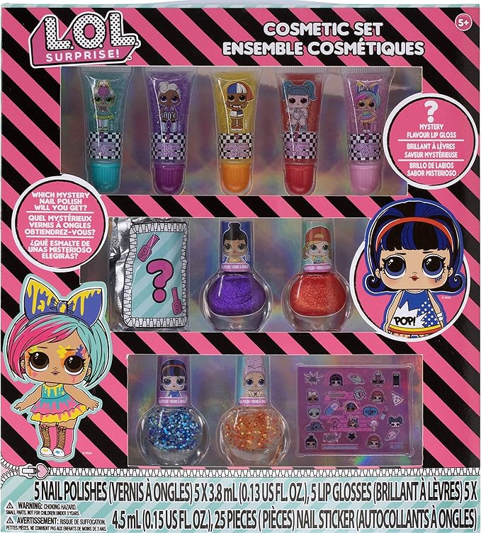 LOL Surprise Townley Girl 11 Pcs Sparkly Cosmetic Makeup Set for Kids Includes 5 Lip Gloss, 5 Nail Polish & Nail Stickers for Girls Tweens, Ages 3+ Perfect for Parties, Sleepovers and Makeovers-Velvo Beauty