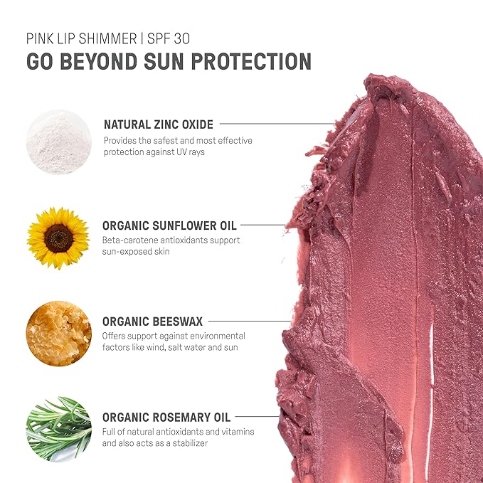 Raw Elements Organic Pink Lip Shimmer Zinc Oxide SPF 30+, 0.15oz-Velvo Beauty