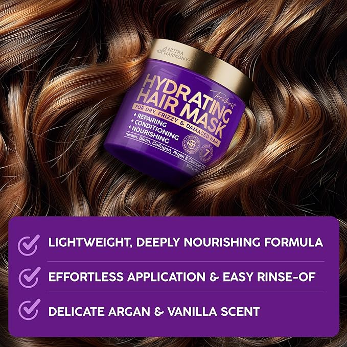 NUTRAHARMONY Hydrating Hair Mask for Dry, Frizzy & Damaged Hair – Deep Conditioning Keratin Treatment with Argan & Coconut Oils, Collagen & Biotin – Repairing, Anti-Frizz Hair Mask for Women, 10oz-Velvo Beauty