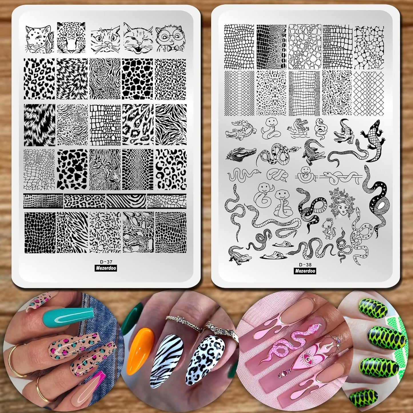 Leopard Snake Nail Stamping Plate Stencils for Nail Art Reusable 2Pcs Large Size Nail Stamper Plates Templates Cat Crocodiles Stripes Line Print Nail Design Stamp Plate Stainless Steel Nail Art Tools-Velvo Beauty