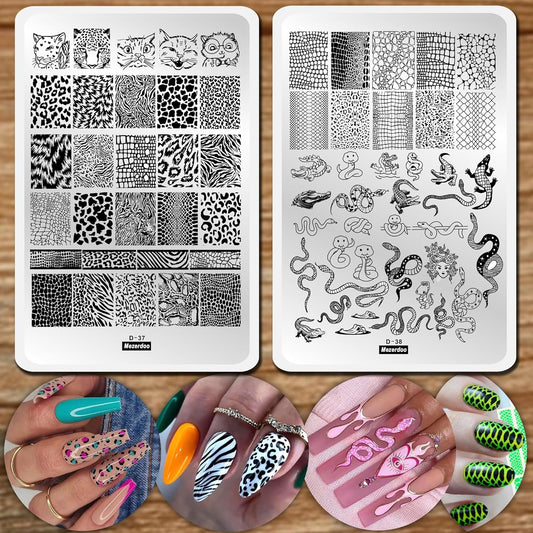 Leopard Snake Nail Stamping Plate Stencils for Nail Art Reusable 2Pcs Large Size Nail Stamper Plates Templates Cat Crocodiles Stripes Line Print Nail Design Stamp Plate Stainless Steel Nail Art Tools-Velvo Beauty