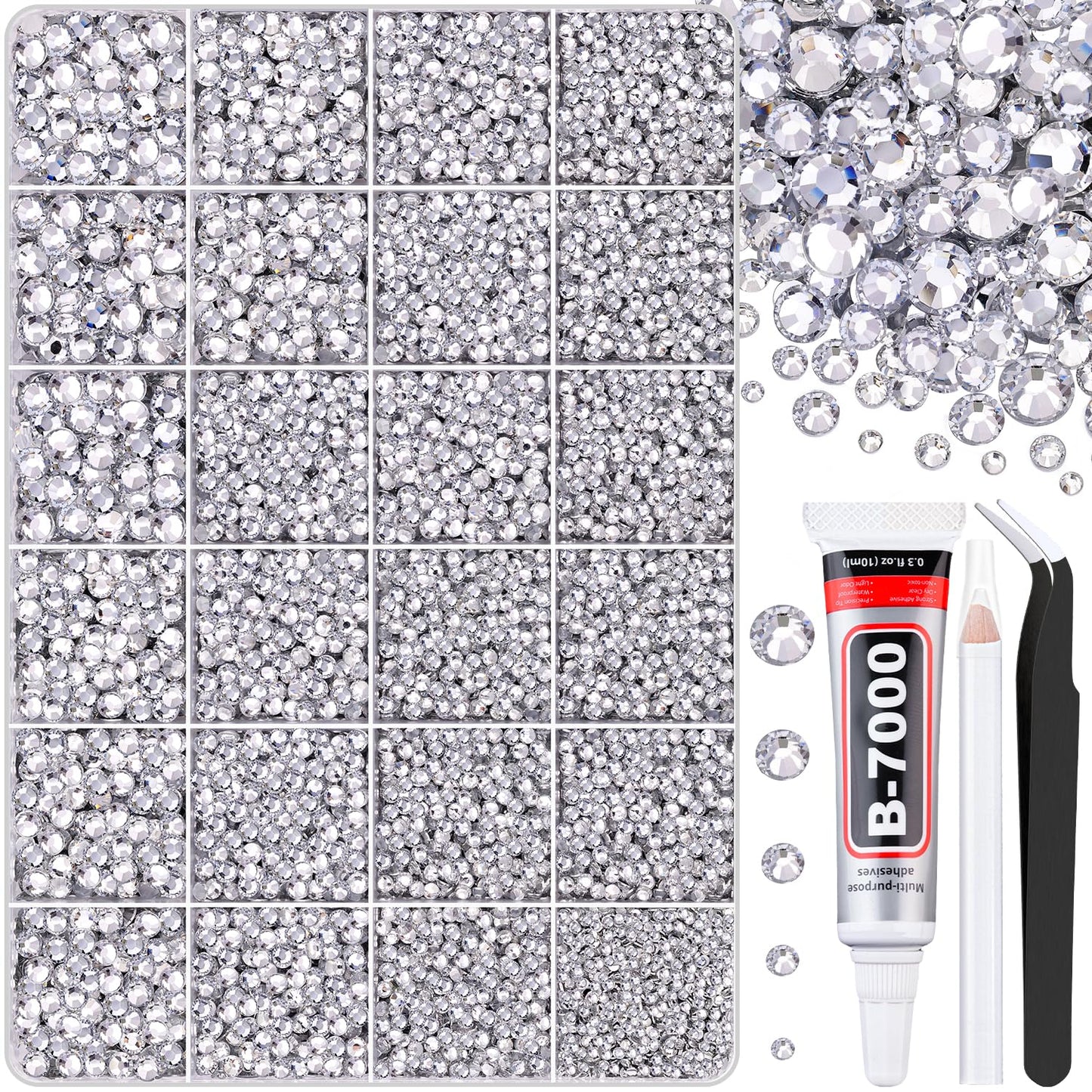 30000Pcs Clear Rhinestones for Bedazzling with B7000 Jewelry Glue, Bedazzler Kit Flatback Gems, Resin Rhinestones for Crafting Crafts Clothing Shoes Fabric Nail Art Assorted Size 2/3/4/5/6mm-Velvo Beauty