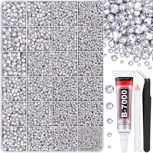 30000Pcs Clear Rhinestones for Bedazzling with B7000 Jewelry Glue, Bedazzler Kit Flatback Gems, Resin Rhinestones for Crafting Crafts Clothing Shoes Fabric Nail Art Assorted Size 2/3/4/5/6mm-Velvo Beauty
