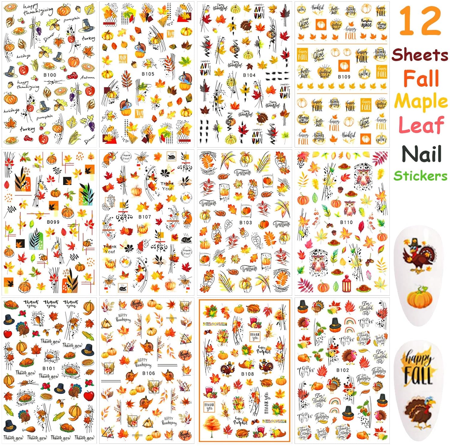 12 Sheets Fall Nail Art Stickers 3D Autumn Leaves Nail Decals Self-Adhesive Thanksgiving Nail Art Accessories Foils Maple Leaf Pumpkin Turkey Nail Designs for Women Girls DIY Manicure Decoration-Velvo Beauty