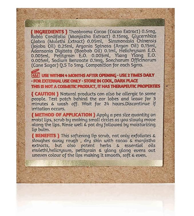 ROOTS AND HERBS Ayurvedic Cacao & Manjistha Cane Sugar Lip Scrub 100% Vegan, No-Paraben, No-SLS, No-Sulphate & Natural Treatment Exfoliator for Dark, Dry, Chapped Smooth & Brighter Lips (15gm/0.53oz)-Velvo Beauty